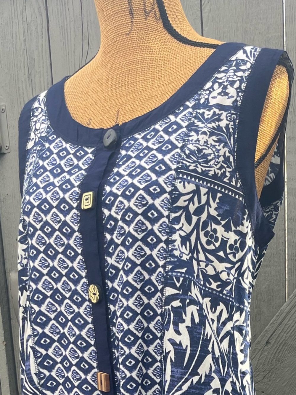 Vermont Country Store Midi Shift Dress Boho Button Front Blue White Size Large - Picture 3 of 12